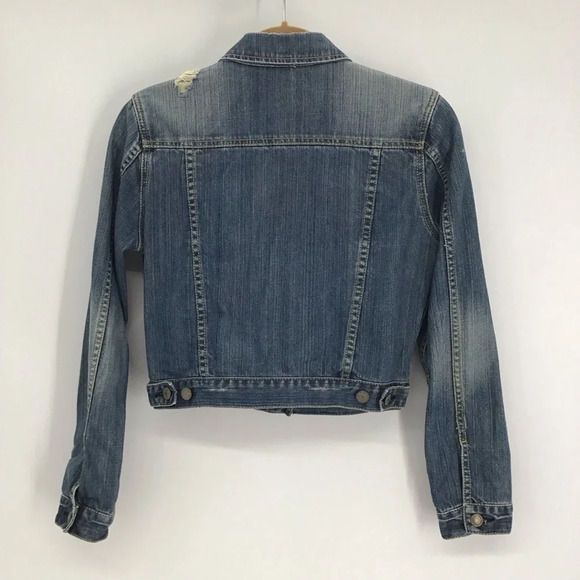 American Eagle Women’s Distressed Cropped Denim Jacket Blue Size Medium - Picture 2 of 10